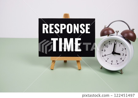 Response Time text on paper card with alarm clock on green background Response Time text on paper card with alarm clock on green background 122451497