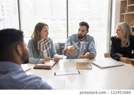 Multiethnic teammates listening speech of skilled Hispanic colleague Multiethnic teammates listening speech of skilled Hispanic colleague 122451666