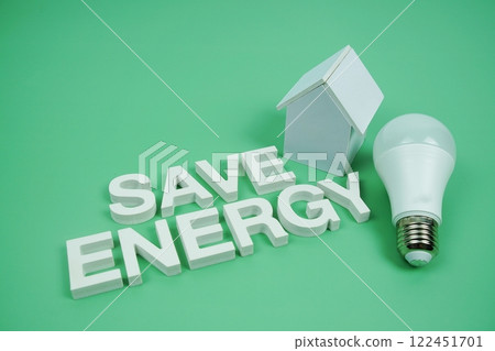 Save Energy alphabet letters with house model and LED light bulbs on green background, Saving and Eco friendly concept 122451701