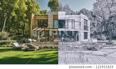 Modern house exterior transitioning from blueprint to reality, showcasing architectural visualization Modern house exterior transitioning from blueprint to reality, showcasing architectural visualization 122451824