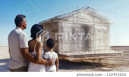 Family dreaming about their future home, visualizing the rooms and planning the spaces Family dreaming about their future home, visualizing the rooms and planning the spaces 122451828