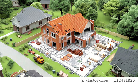 Scale model of a house under construction in a residential neighborhood 122451829