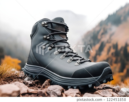 Outdoor walking boots on trail hiking on top of rocky peak panorama. Snowy mountain landscape. Climber on summit. Active lifestyle, climbing, extreme sport concept Background travel tourism vacations 122451858