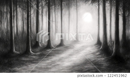 Bright light shining through fog in dark forest path Bright light shining through fog in dark forest path 122451962