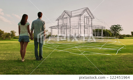 Young couple planning their dream home project on a green field 122451964