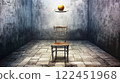 Old chair and levitating orange fruit on dish in empty room 122451968