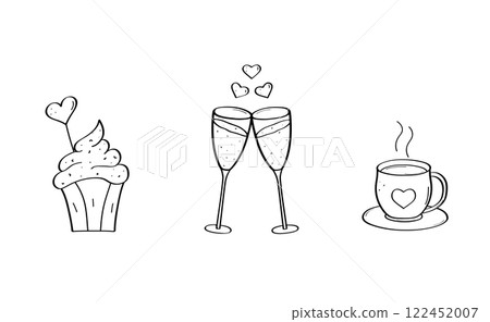Vector doodle Valentine's Day cartoon icons. Hand drawn symbols of love. A cupcake with cream, a cup of tea and glasses of champagne. 122452007