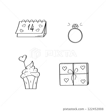 Vector doodle Valentine's Day cartoon icons. Hand drawn symbols of love. A cupcake with cream, a diamond ring, a gift box and a calendar with a date. Vector doodle Valentine's Day cartoon icons. Hand drawn symbols of love. A cupcake with cream, a diamond ring, a gift box and a calendar with a date. 122452008