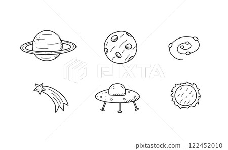 Cosmos doodle set of vector illustrations. Icons of space elements cartoon. Isolate on a white background. Cosmos doodle set of vector illustrations. Icons of space elements cartoon. Isolate on a white background. 122452010