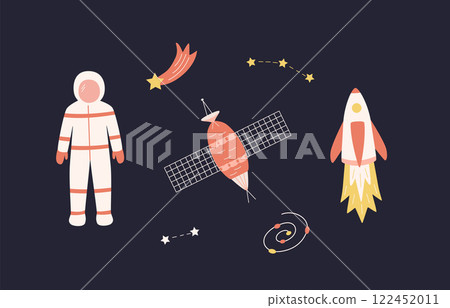 Cosmos doodle is a set of vector illustrations. Icons of space elements rocket cosmonaut stars satellite comet. 122452011