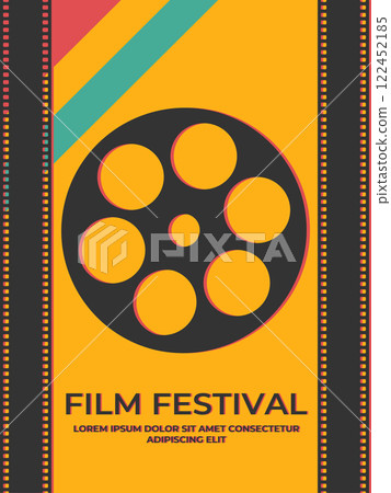 Vintage film festival poster design with a film reel silhouette and filmstrips. Minimalist movie poster in retro style. Vector illustration Vintage film festival poster design with a film reel silhouette and filmstrips. Minimalist movie poster in retro style. Vector illustration 122452185