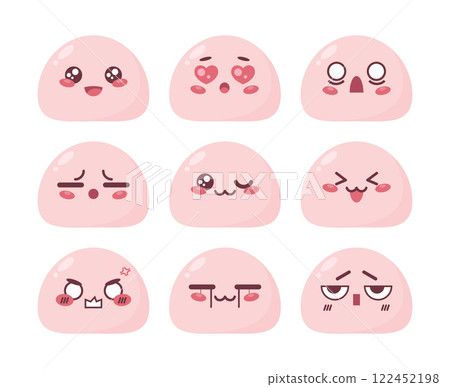 Cute mochi character manga emoji set. Japanese sweet rice cake cartoon mascot emoji icons. Vector illustration 122452198