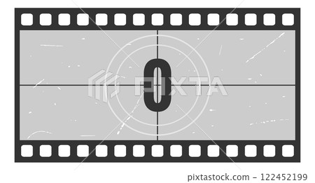 Vintage movie countdown filmstrip frame with number 0. Old movie timer counter in filmstrip. Retro cinema vector number count background with grunge texture 122452199
