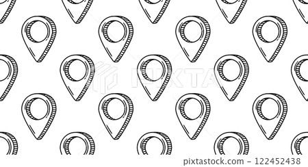 A seamless pattern featuring hand-drawn doodle-style location pins arranged on a white background. Ideal for design projects, maps, travel themes, and creative applications. 122452438