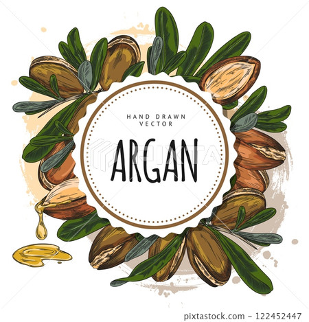 Watercolor illustration of round frame with argan tree nuts and leaves. 122452447