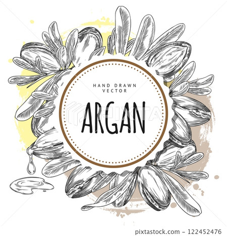 Black and white illustration of round frame with argan leaves and fruits. 122452476