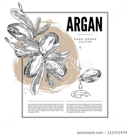 Black and white poster illustration with argan branch and oil, in a rectangular frame. Black and white poster illustration with argan branch and oil, in a rectangular frame. 122452479