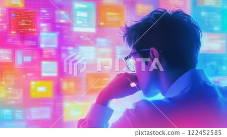 Person with tired hands looks at multiple pop-up windows, feeling digital burnout and overstimulation, mental fatigue concept Person with tired hands looks at multiple pop-up windows, feeling digital burnout and overstimulation, mental fatigue concept 122452585