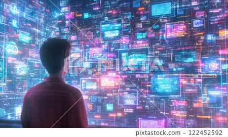 Amidst a whirlwind of colorful screens, a character experiences digital fatigue while scrolling aimlessly 122452592