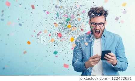 Office worker reacts to phone overload as notifications burst from the screen in a vivid display of chaos, online addiction concept 122452621
