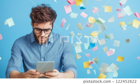 Worker stares at a device as notifications overflow, illustrating digital burnout and information overload, internet addiction concept 122452622