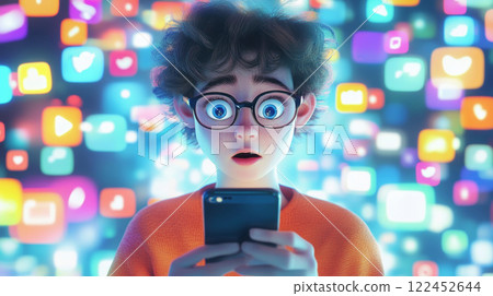 Person is captivated by their phone while surrounded by colorful app icons, showing astonishment and overload 122452644
