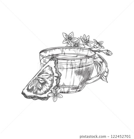 Vector monochrome sketch of mug with tea, piece and branch with bergamot flowers and leaves. 122452701