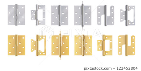Golden door hinges construction hardware. Realistic set of gold tools for joint gates and windows metal hinges for house and furniture. vector 122452804