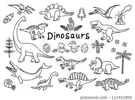 Hand-drawn dinosaur illustration set, black and white line drawings 122452808