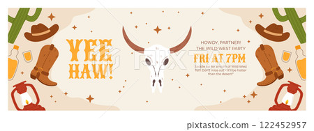 A colorful Wild West-themed party invitation design featuring cowboy boots, hats, cacti, lanterns, and a bull skull. Perfect for Western-themed events, invitations, and party decorations A colorful Wild West-themed party invitation design featuring cowboy boots, hats, cacti, lanterns, and a bull skull. Perfect for Western-themed events, invitations, and party decorations 122452957