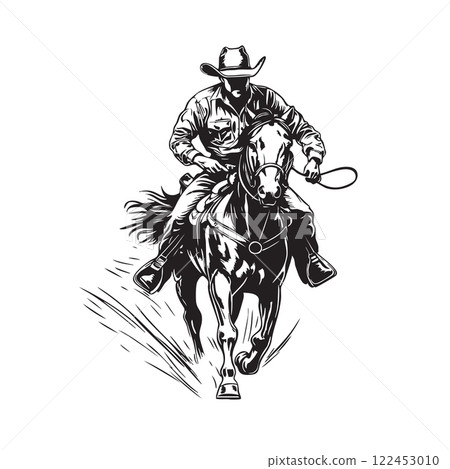Dynamic black and white vector illustration of a cowboy riding a galloping horse. Bold lines and high contrast create a powerful Western-themed design. 122453010