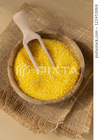 Raw corn porridge Gluten free cereals. Health gut benefits. Concept of alternative whole spelt grain ingredient. Vegetarian diet recipes. Plant-based lifestyle. Copy space Protein rich 122453069