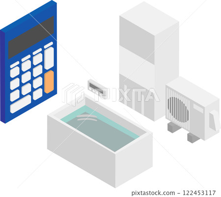 Isometric image of a calculator, water heater and bath 122453117