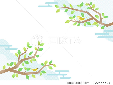 樹木和夜鶯的日式設計插圖背景素材 122453395