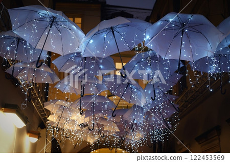 Beautiful autumn landscape with old Chapel of the Mother of God in Veveri. Sunset and beautiful blue sky with clouds. Colorful nature background on autumn season. Brno - Czech Republic. 122453569