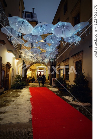 Beautiful autumn landscape with old Chapel of the Mother of God in Veveri. Sunset and beautiful blue sky with clouds. Colorful nature background on autumn season. Brno - Czech Republic. 122453570