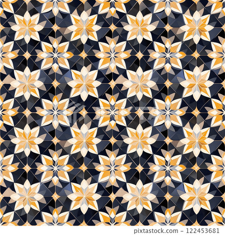 Decorative pattern features arabic geometric tiles with intricate floral designs in rich colors, patterns for packaging 122453681