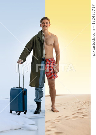 Traveler between seasons. Man standing half-dressed for winter, half for summer with suitcase, extreme climate contrast. Traveler between seasons. Man standing half-dressed for winter, half for summer with suitcase, extreme climate contrast. 122453717
