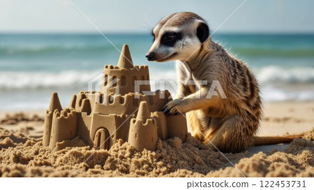 Meerkat building sandcastle on a sunny beach 122453731