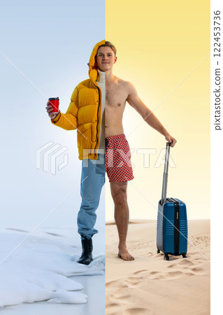 Traveler in a winter coat on one side, casual summer outfit on other, holding coffee cup and pulling luggage 122453736