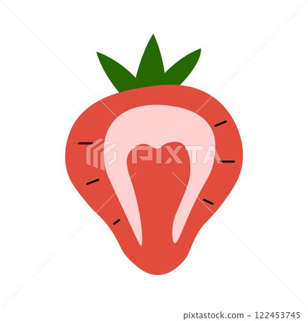 Minimalistic illustration of a halved strawberry with green leaves, pink core, and lines Minimalistic illustration of a halved strawberry with green leaves, pink core, and lines 122453745