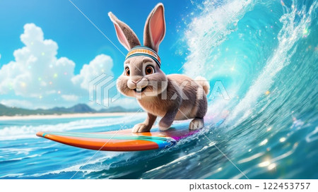 Surfing rabbit enjoying waves on sunny beach 122453757
