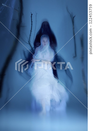 Elegant and ghostly, ballet dancers move as one, their translucent veils merging with spectral light. Duet of beauty and mystery. 122453759