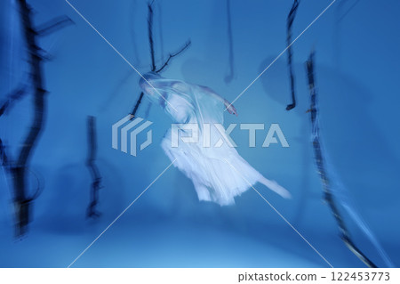 Classic ballerinas in dark and light veil, spectral ballet, twirling with haunting grace. Light and mist enhance her surreal elegance. Classic ballerinas in dark and light veil, spectral ballet, twirling with haunting grace. Light and mist enhance her surreal elegance. 122453773