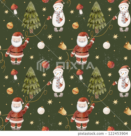 Watercolor Seamless pattern Santa, snowman, Christmas tree. Illustration splashes on dark background. New Year print for textiles, fabrics, packaging, clothes, printing, cards Watercolor Seamless pattern Santa, snowman, Christmas tree. Illustration splashes on dark background. New Year print for textiles, fabrics, packaging, clothes, printing, cards 122453904
