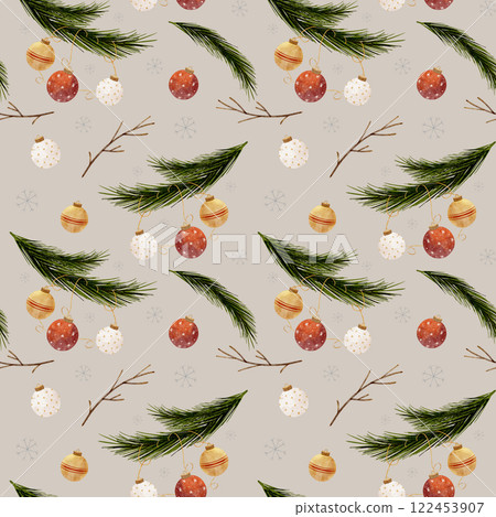 Watercolor pattern Christmas tree branch with New Year balls. holiday illustration on mocha, beige background. Seamless print for textiles, fabrics, packaging, clothes, printing, cards Watercolor pattern Christmas tree branch with New Year balls. holiday illustration on mocha, beige background. Seamless print for textiles, fabrics, packaging, clothes, printing, cards 122453907