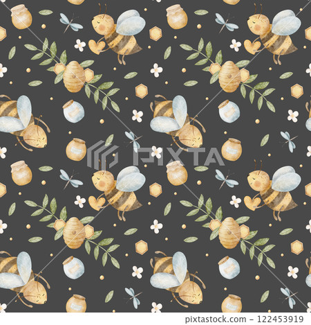 Watercolor pattern of bee with honey jar, flying around hive and honeycomb. Hand drawn illustrations. Seamless print on dark background for textile, fabric, packaging, clothes, paper, wallpaper 122453919