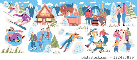 Winter Vacation illustration. A joyful winter scene filled with fun activities like skiing, snowboarding, ice skating, and cozy gatherings around a cabin, creating a warm atmosphere of seasonal Winter Vacation illustration. A joyful winter scene filled with fun activities like skiing, snowboarding, ice skating, and cozy gatherings around a cabin, creating a warm atmosphere of seasonal 122453959