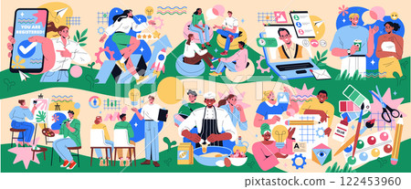 Workshops that promote creativity and learning among diverse groups. Engaging activities include painting, cooking, discussions, and online interactions. They foster skills, collaboration, and 122453960