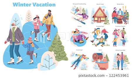 Winter vacation illustration. Enjoy various winter activities with family and friends such as skiing, snowboarding, ice skating, and making snowmen. Celebrate the joy and fun of the snowy season Winter vacation illustration. Enjoy various winter activities with family and friends such as skiing, snowboarding, ice skating, and making snowmen. Celebrate the joy and fun of the snowy season 122453961